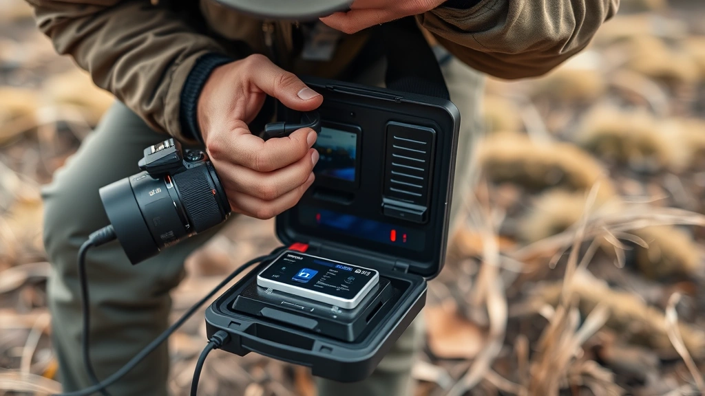 Photographer in field location charging camera battery using portable power station with surge protection, showing proper ventilation and temperature-controlled environment setup for safe battery charging outdoors