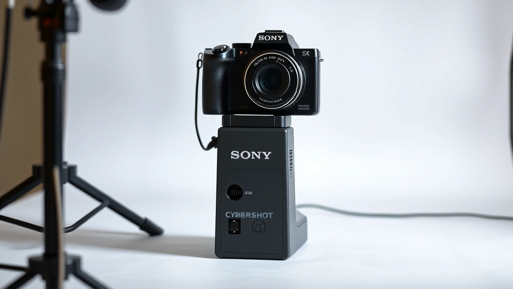 Professional photography studio setup with Sony CyberShot camera on charging dock, authentic charger with proper certification marks visible, controlled lighting environment, no text or code visible, photorealistic detail showing genuine connector design and branding elements