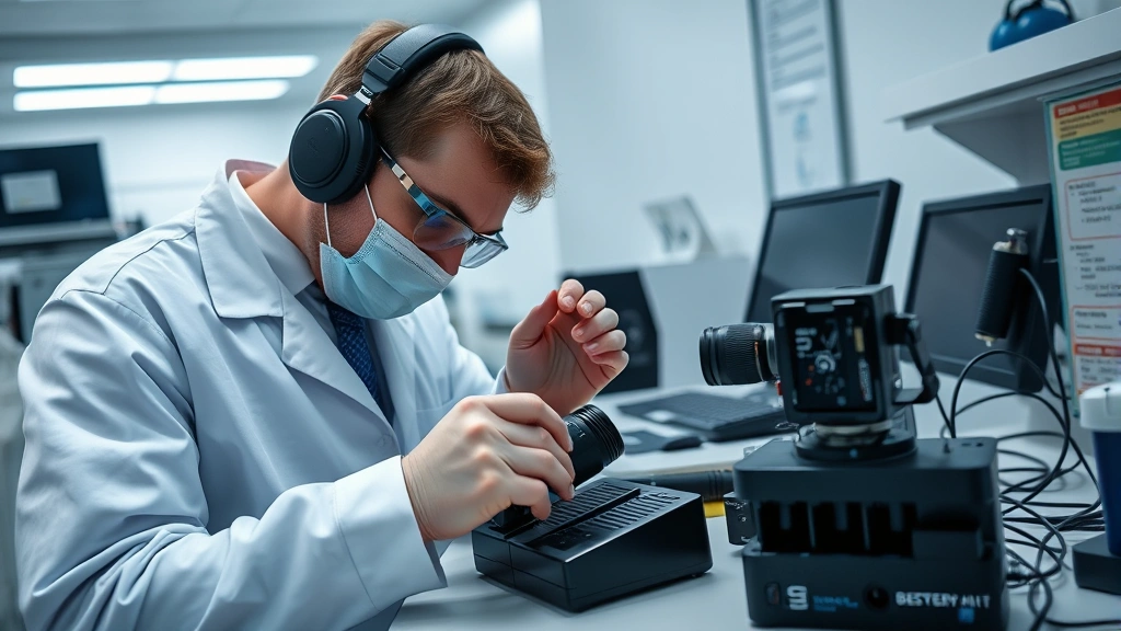 Security-conscious photographer in professional environment inspecting camera battery and charger components, examining connector integrity with magnification tools, isolated charging station setup, clean laboratory-style workspace, no sensitive information visible