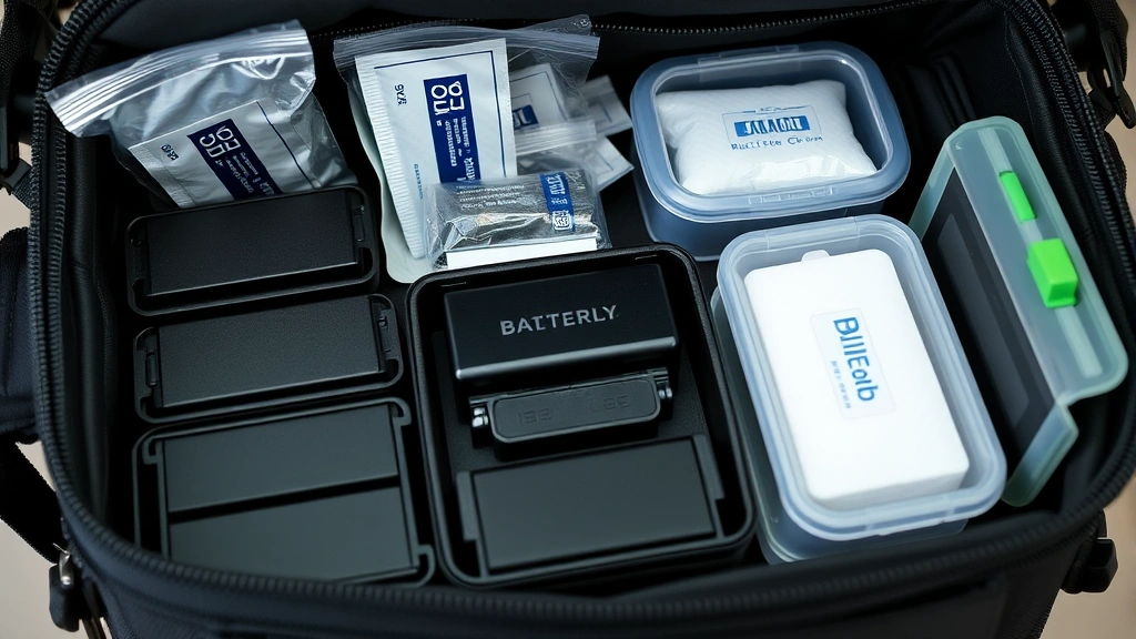 Professional photographer's equipment bag with organized battery storage cases, silica gel packets, and protective containers arranged neatly, showing proper battery management setup