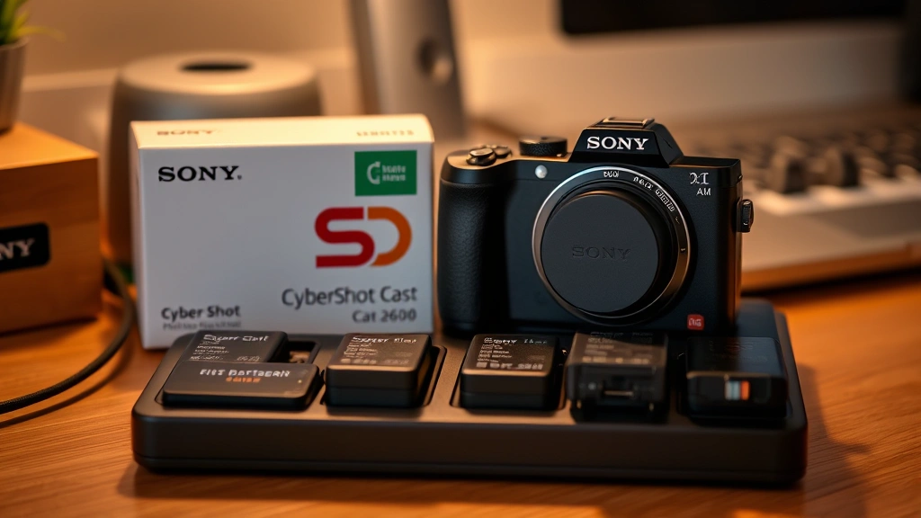 Sony Cyber-shot camera charging station with official charger, multiple batteries in protective cases, and ambient lighting showing secure home photography workspace environment