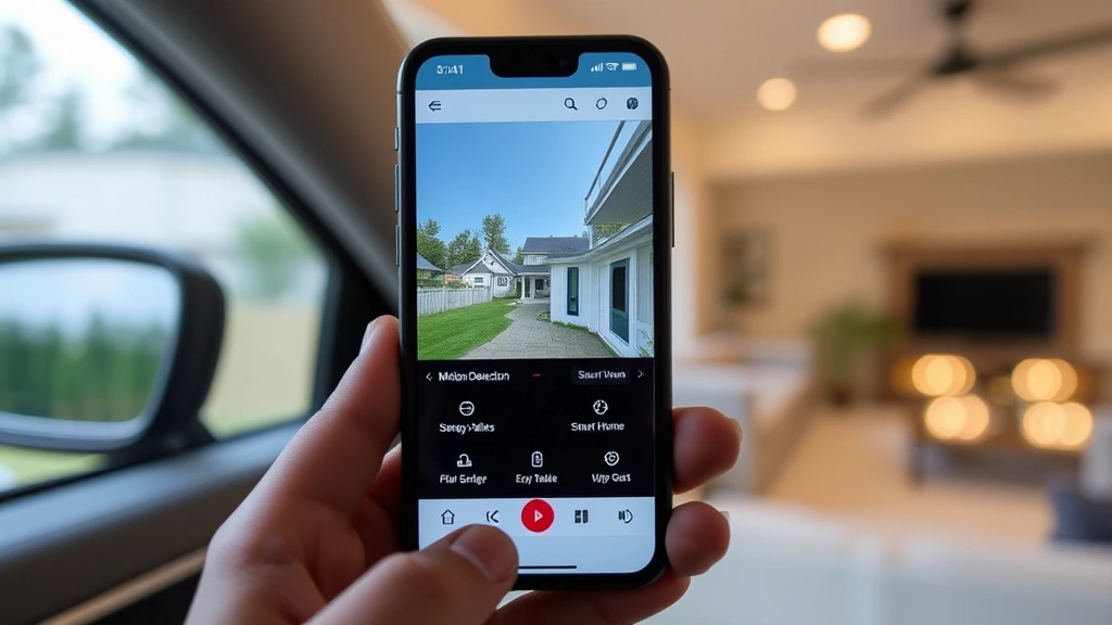 Interior smartphone screen displaying security camera mobile app interface with live video feed from outdoor camera, motion detection alerts, battery status indicators, and smart home integration options visible