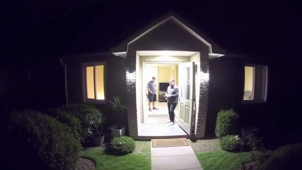Nighttime outdoor security footage showing property entrance area with infrared illumination, clear facial visibility of person at doorway, professional surveillance quality image, residential setting