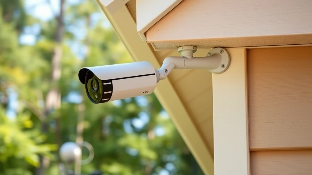 Weatherproof outdoor battery camera mounted on residential property corner with forest background, clear daylight shot showing device durability and placement positioning