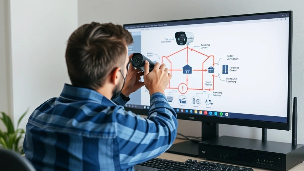 Home security professional installing wireless camera system with proper network segmentation diagram displayed on computer monitor, router and security devices visible nearby