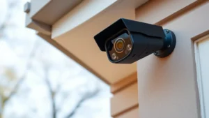 Professional weatherproof battery powered security camera mounted on residential building corner, showing high-resolution sensor and night vision capability in daylight conditions