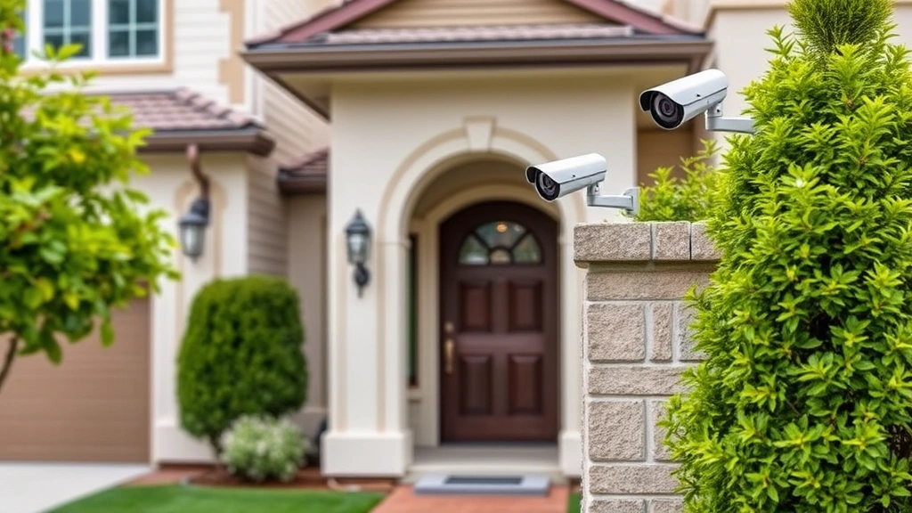 Residential property perimeter with strategically placed security cameras at entry points, demonstrating optimal coverage angles and professional installation practices