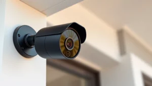 Professional wireless security camera mounted on modern home exterior corner, weatherproof design, focusing on sleek black finish and wide-angle lens, daytime lighting showing clear detail and mounting hardware
