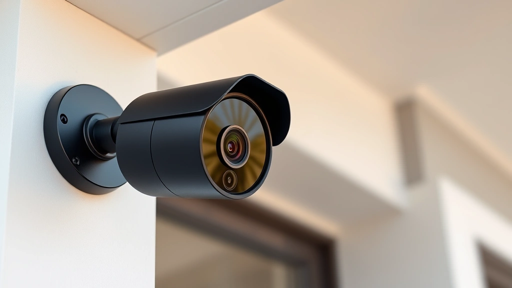 Professional wireless security camera mounted on modern home exterior corner, weatherproof design, focusing on sleek black finish and wide-angle lens, daytime lighting showing clear detail and mounting hardware