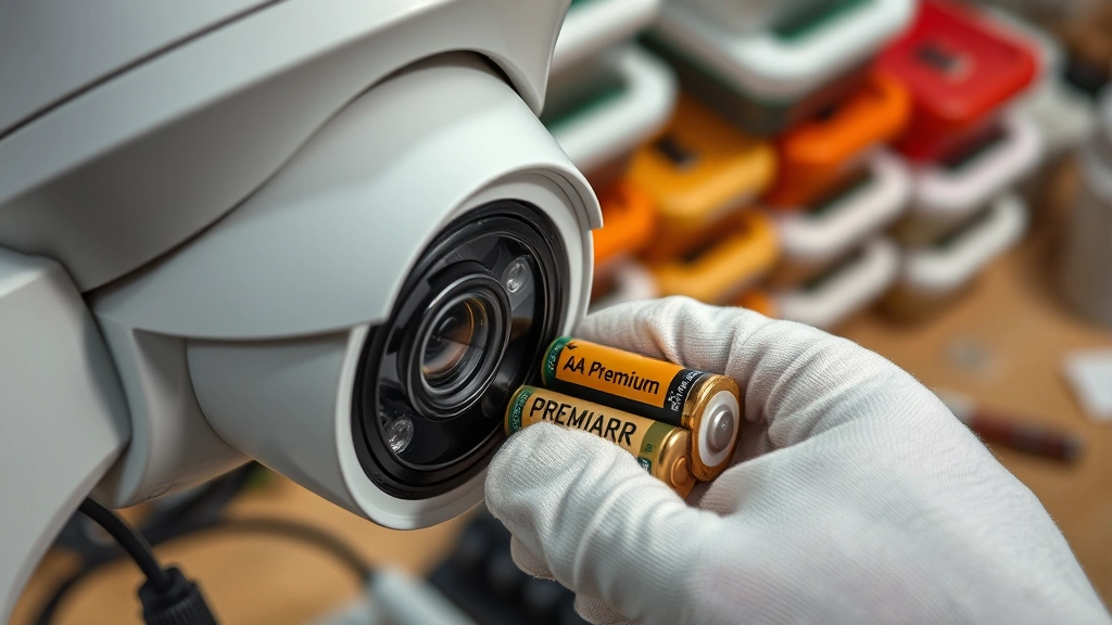 Close-up of battery compartment on security camera showing premium AA batteries being inserted, hands wearing cotton gloves, organized workspace with battery storage containers visible in background