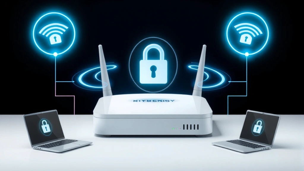 Network security concept showing wireless router with security lock icon, Wi-Fi signals visualized around it, connected devices represented as secure nodes, modern minimalist design emphasizing encryption and protection