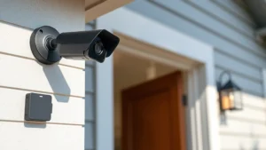 Professional outdoor security camera mounted on residential home exterior wall, capturing clear daytime footage, modern sleek design with small rechargeable battery component visible, mounted near entrance door area