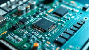 Close-up of a modern smartphone battery management circuit board with microcontroller chips and safety components, professional laboratory lighting, no text visible, photorealistic detail showing electronic components