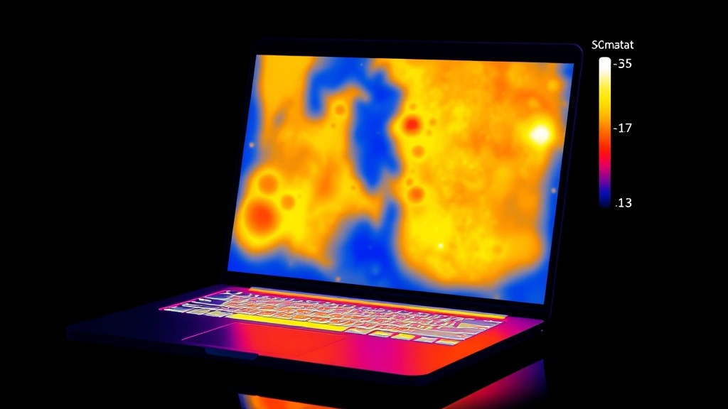 Thermal imaging visualization of a laptop showing heat distribution during normal operation, warm colors indicating active zones, professional cybersecurity context, no temperature readings or text overlays