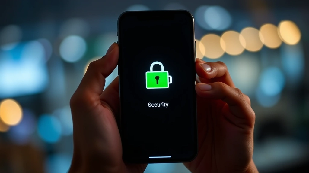 Close-up of hands holding a smartphone displaying low battery indicator with security lock icon, ambient lighting showing battery charge percentage, modern device design, photorealistic detail, no UI text readable