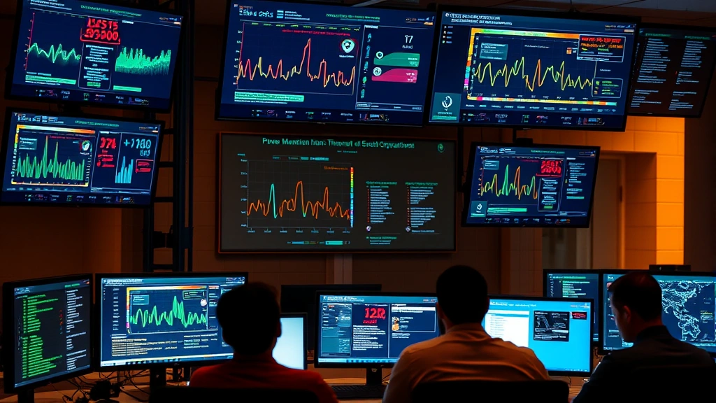 Network security operations center with multiple monitors displaying threat detection systems and power management statistics, professional security team environment, warm professional lighting, no readable text on screens, cybersecurity focus