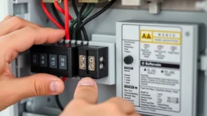 Close-up of hands carefully disconnecting color-coded battery terminals from a residential security system control panel, showing proper polarity handling with red and black connectors visible in a modern home installation