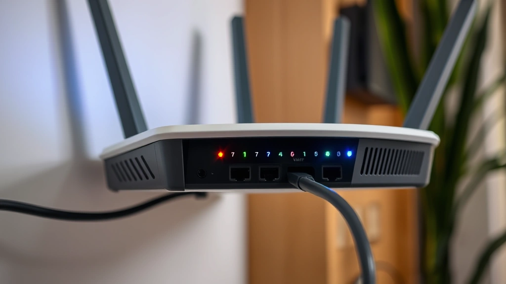 Close-up of a home WiFi router with security lights illuminated, network cables connected, mounted on wall, showing modern router design with visible security indicators, professional indoor lighting