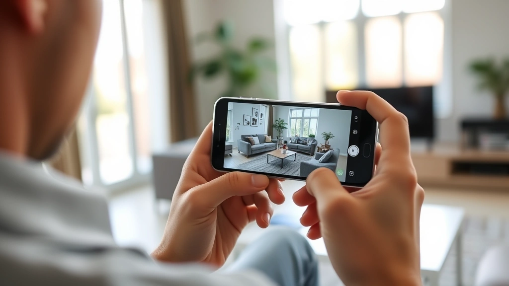 Person using smartphone to access security camera feed on home network, displaying live video stream on mobile screen, sitting in modern living room, natural daylight through windows, candid moment
