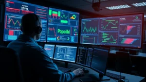 Cybersecurity analyst monitoring multiple screens in a security operations center with real-time threat dashboards, network traffic visualizations, and security alerts displayed in a professional data center environment