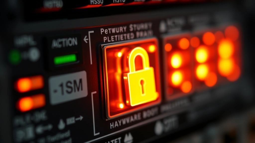 Close-up of hardware security module (HSM) device with cryptographic key storage, glowing indicators showing active encryption operations, representing enterprise-grade key management and secure boot infrastructure