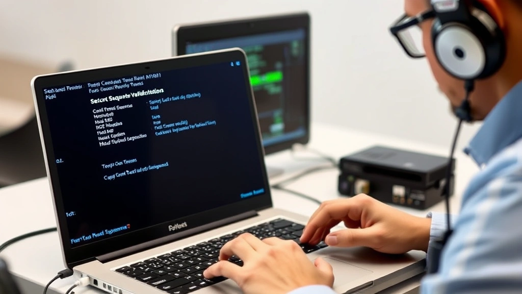 System administrator performing firmware security audit on laptop with system diagnostics displayed, showing boot sequence verification and security validation processes in action, professional IT environment