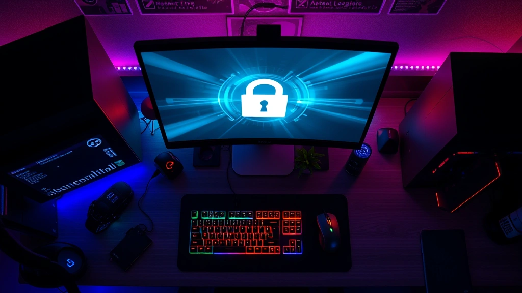 Overhead view of a high-end gaming setup with RGB lighting, showing a keyboard, mouse, and monitor displaying a lock symbol, professional cybersecurity atmosphere