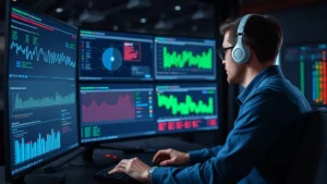 Professional cybersecurity analyst monitoring multiple security dashboards with network traffic visualization and threat detection alerts in a modern data center environment