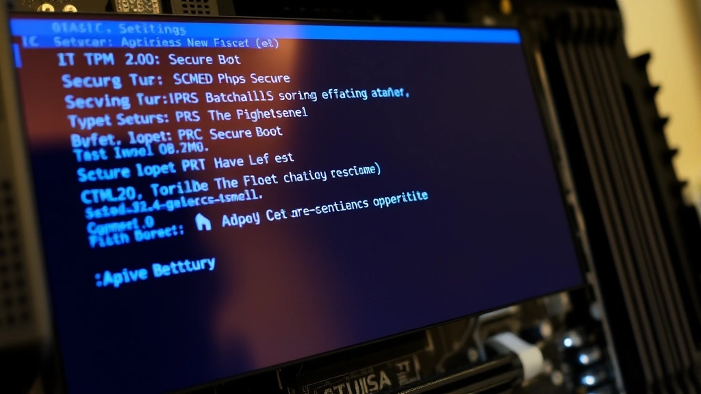 Close-up of a gaming PC motherboard with BIOS security settings displayed on a monitor, showing Secure Boot and TPM 2.0 configuration options