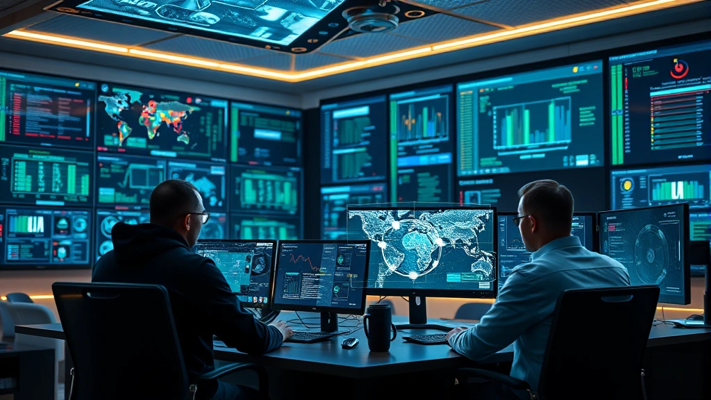 Team of security professionals in a control room analyzing real-time gaming network security data with holographic displays and threat intelligence feeds