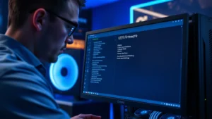 Cybersecurity professional examining motherboard BIOS settings on a high-end gaming PC, blue ambient lighting, close-up of UEFI firmware interface on monitor, modern gaming setup background