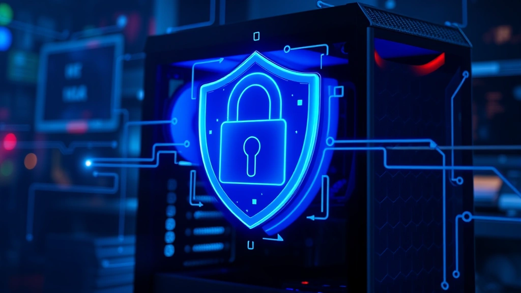 Digital lock icon with blue shield overlay protecting a gaming PC tower, abstract cybersecurity visualization, futuristic secure connection indicators, no text or code visible
