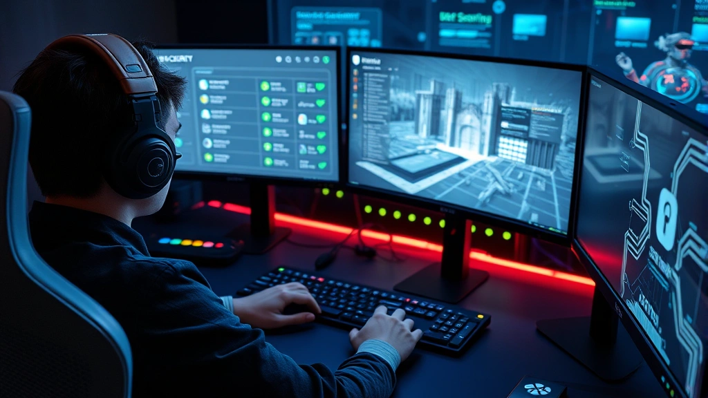 Gamer wearing headset at gaming desk with multiple monitors displaying security dashboard, green security checkmarks visible, fortress-like protective barriers in digital visualization, photorealistic