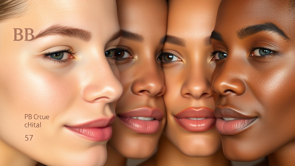 Close-up of diverse skin tones showing BB cream swatches with sun protection, various shade matches on different complexions, natural lighting demonstrating color accuracy and blend