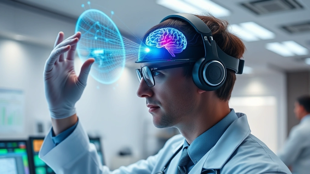 Medical professional examining advanced brain-computer interface headset in modern laboratory setting, with holographic neural activity displays visible in background, clinical and secure atmosphere