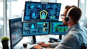 Professional cybersecurity analyst reviewing digital security protocols on multiple monitors, displaying network infrastructure and encryption systems in modern office environment