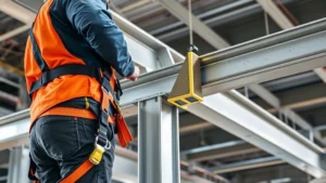 Professional construction worker securely fastened with safety harness attached to properly installed steel beam clamp on industrial I-beam, showing correct equipment positioning and setup in commercial construction environment