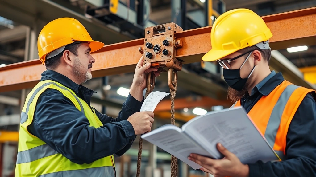Safety inspector conducting detailed beam clamp inspection examining clamp condition for corrosion and wear, documenting maintenance records in industrial facility with multiple anchoring points visible
