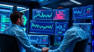 Professional cybersecurity analyst monitoring multiple screens displaying network traffic graphs and security dashboards in a modern data center with blue and green ambient lighting, showing real-time threat detection systems