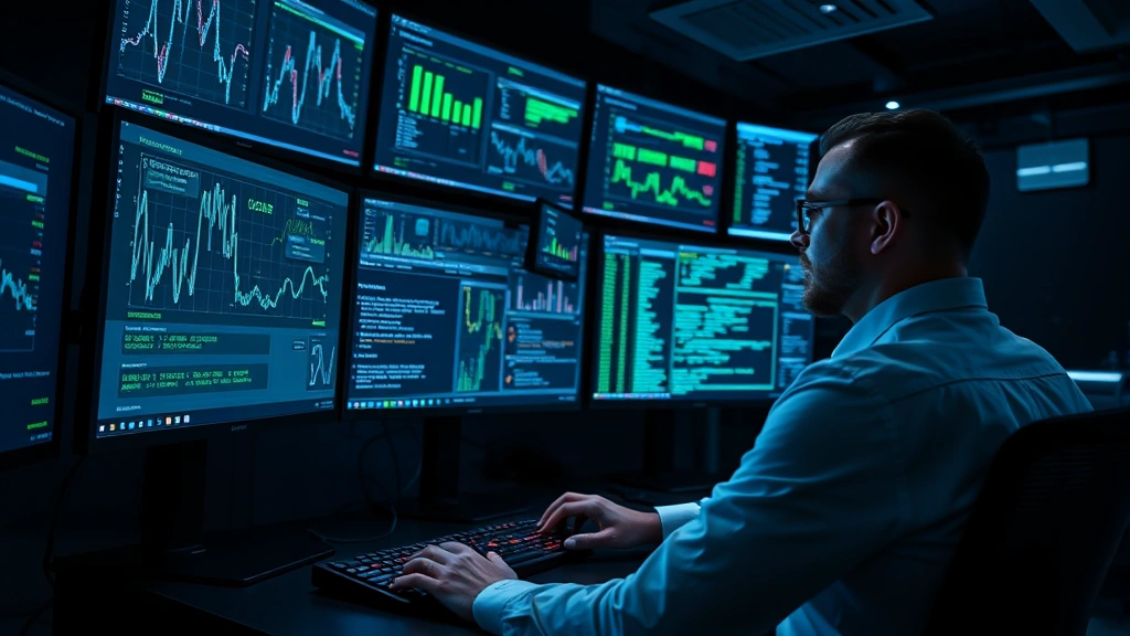 Professional cybersecurity analyst at modern SOC monitoring multiple screens displaying network traffic patterns and security alerts in dark control room with blue and green data visualizations