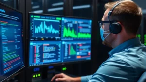 Professional cybersecurity analyst monitoring multiple screens displaying network traffic patterns and security alerts in a modern data center environment with blue and green glowing indicators