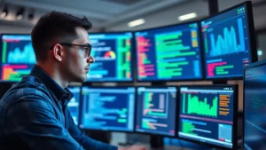 Professional cybersecurity analyst monitoring multiple security dashboards and alert screens in a modern SOC environment with blue and green data visualizations, focused and concentrated expression