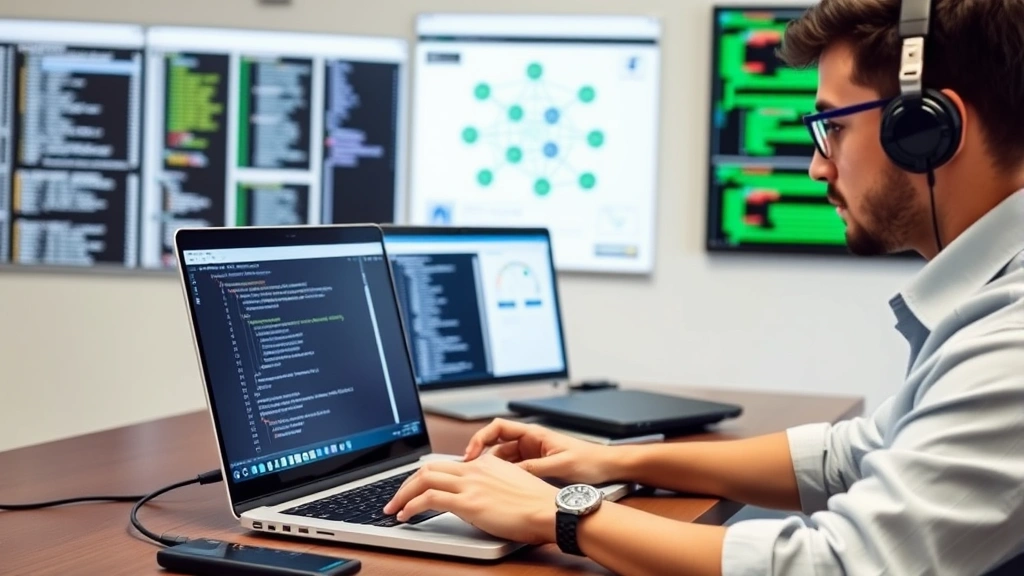 Cybersecurity training session showing beginner professional completing hands-on security lab exercise on laptop with network diagrams and security tools visible in background