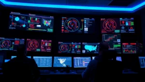 Professional security operations center with analysts monitoring threat dashboards, multiple screens displaying network traffic data and security alerts, modern dark control room with blue ambient lighting, focused operators at workstations