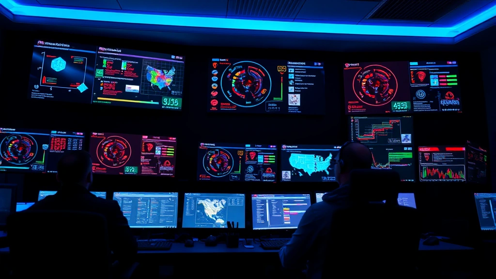 Professional security operations center with analysts monitoring threat dashboards, multiple screens displaying network traffic data and security alerts, modern dark control room with blue ambient lighting, focused operators at workstations