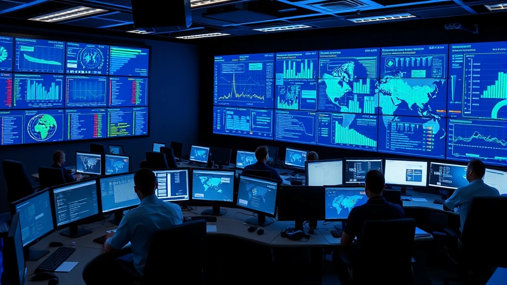 Cybersecurity operations center with multiple monitors displaying network traffic and threat analytics, security professionals working at stations, blue and green data visualizations, representing digital monitoring and threat detection