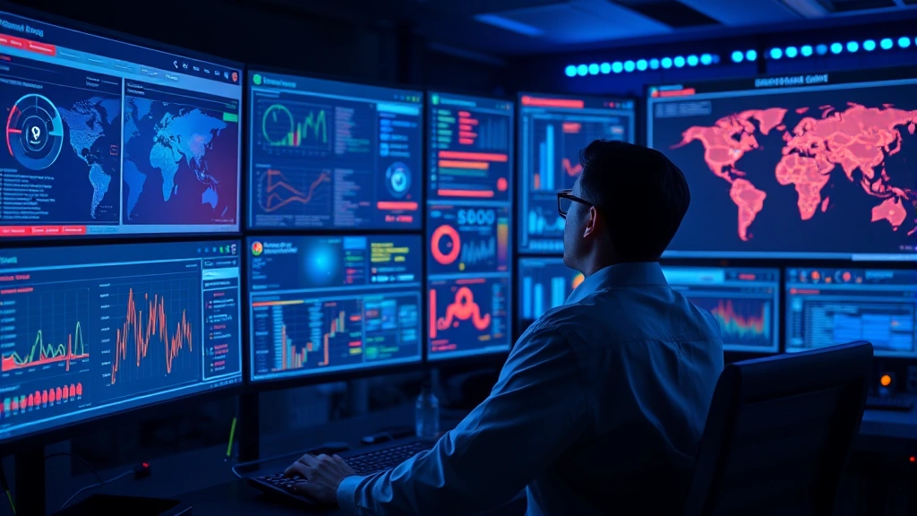 Professional cybersecurity analyst monitoring multiple digital security dashboards with glowing threat indicators and network topology visualizations in a modern security operations center with blue and amber lighting