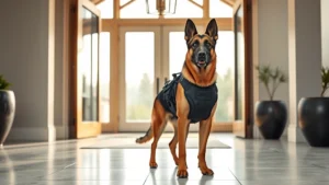 Professional German Shepherd in tactical vest standing alert in modern luxury home entry, sophisticated security posture, professional photography