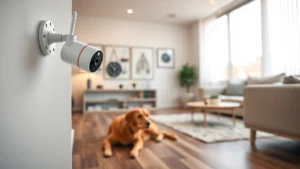Professional home security setup with pet camera mounted on wall, showing modern living room with dog resting on floor, warm lighting, secure installation visible, no text or alerts
