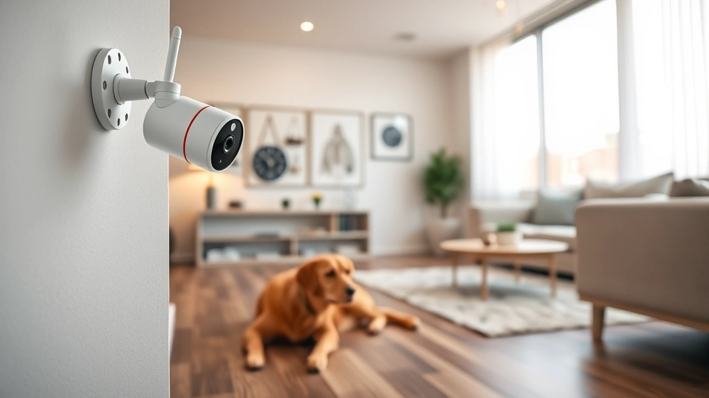 Professional home security setup with pet camera mounted on wall, showing modern living room with dog resting on floor, warm lighting, secure installation visible, no text or alerts